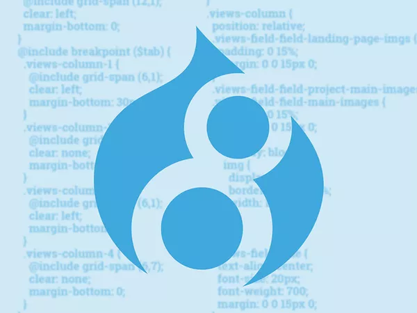 The drupal 8 logo on a blue background with some obscured lines of code.
