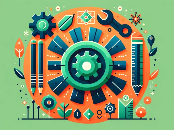 Illustration of cog surrounded by creative and technical elements
