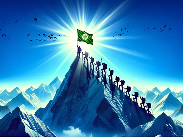 Illustration of people climbing a mountain peak with a successful free flag flown from the top