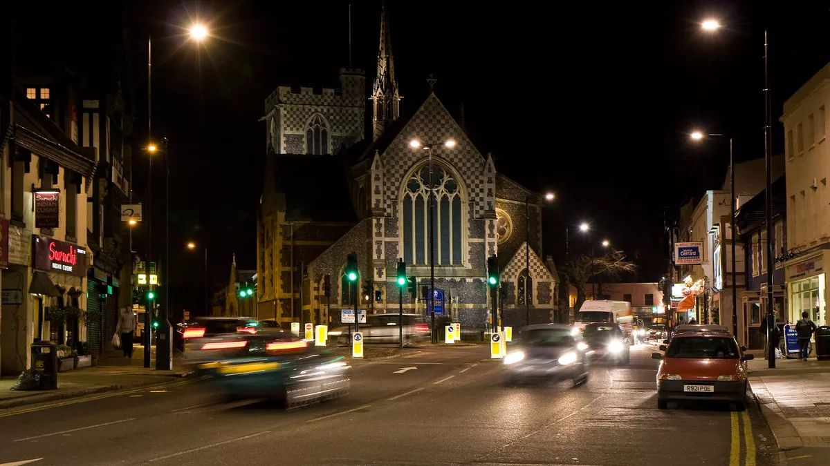 St. John The Baptist Church in Barnet at night-time.