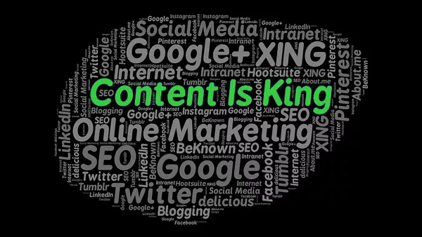 A word cloud containing many key words to do with content. In the centre in a more prominent format are the words: &apos;Content is King&apos;.