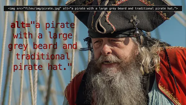 A composite image showing the importance of image alt tags - the basis of which is a pirate with a large grey beard and traditional pirate hat and an alt tag which describes exactly that.