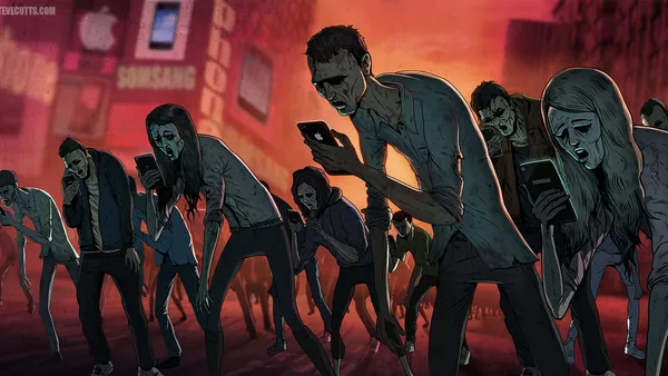 Social Media Zombies - Image by Steve Cutts - a crowd of zombies wandering aimlessly whilst looking at smart phones.