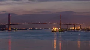 A panoramic view of the Queen Elizabeth II Bridge in Dartford, England, as viewed from Greenhithe in Kent.