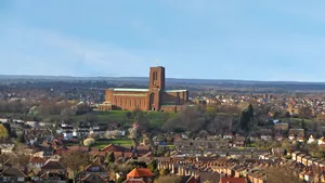 Guildford Cathedral and it's surroundings shot from a height.