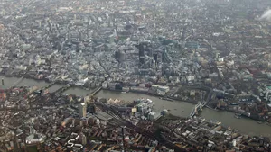 Aerial photo of Southwark, London showing Tower Bridge and the Tower of London, London Bridge, The Gherkin and many more famous landmarks.