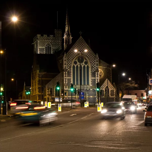 St. John The Baptist Church in Barnet at night-time.