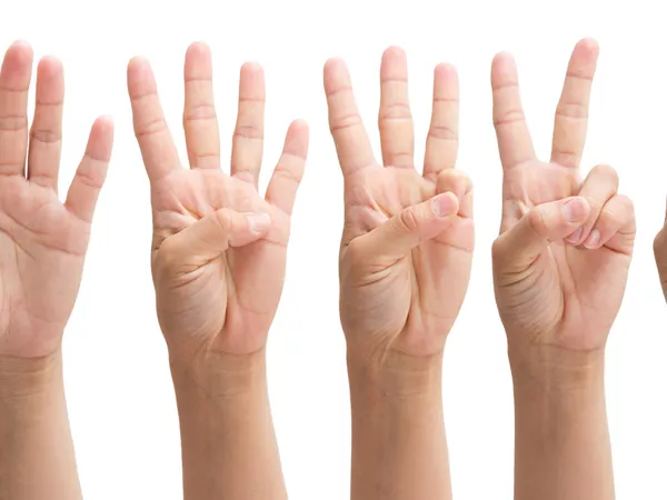 Five hands showing five through one digits elevated to indicate a countdown.