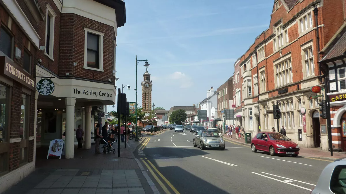 Epsom High street with the Ashley Centre and Epsom Clock Tower.