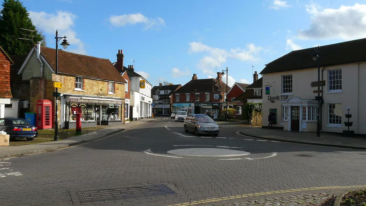 Haslemere Road and Portsmouth Road mini-roundabout in Liphook, Hampshire.