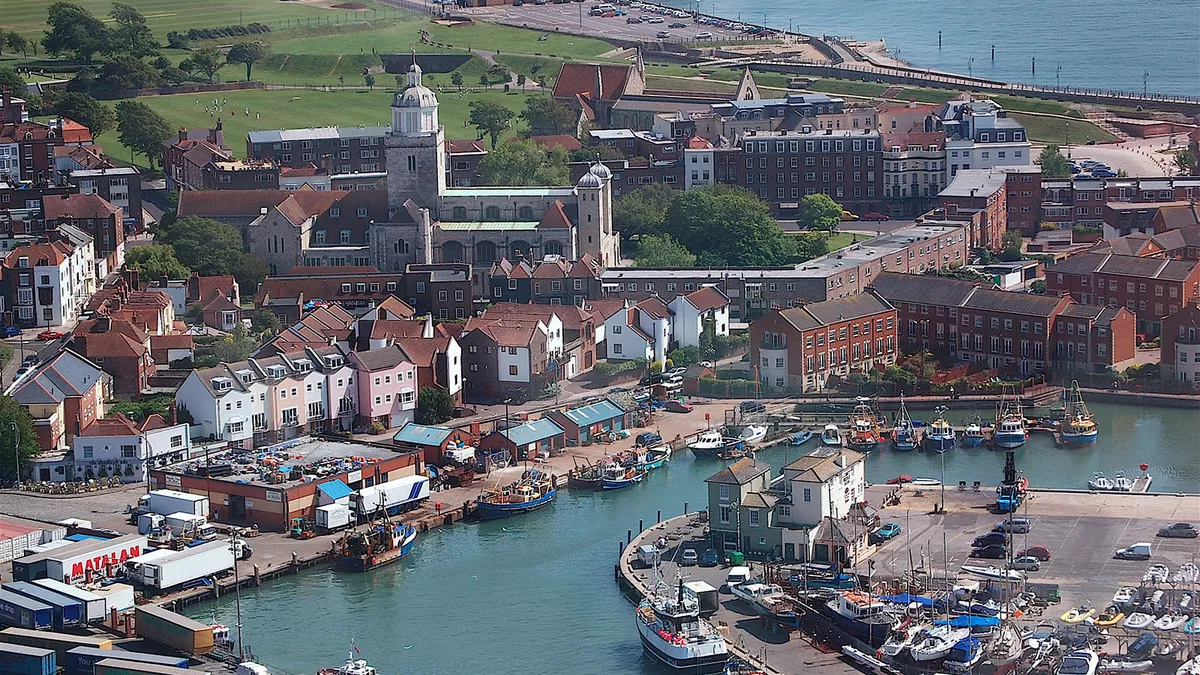 Old Portsmouth as seen from the Spinnaker Tower toward Portsmouth Cathedral and Southsea.
