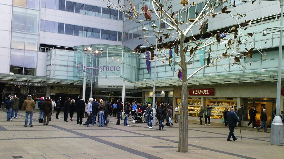 The entrance to Queensmere Shopping Centre.