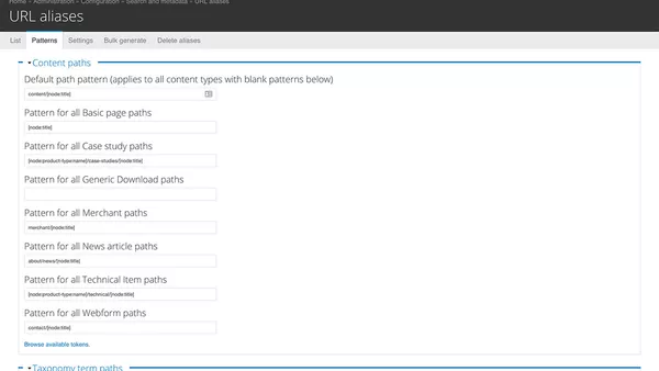 URL aliases pattern settings screenshot.