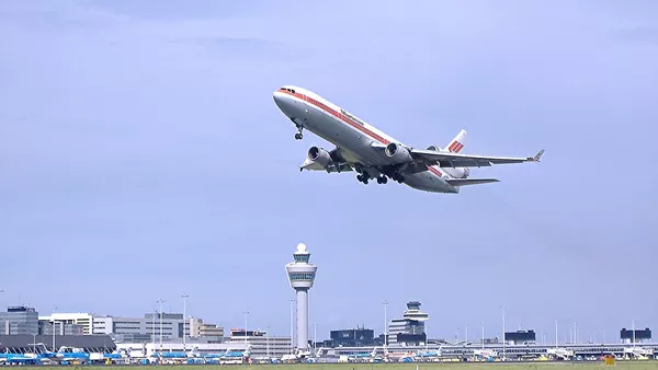 An aeroplane taking off from Schiphol airport in Amsterdam.