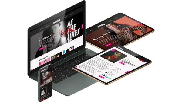 The Phoenix Arts website shown on a MacBook, two different iPads and an iPhone.