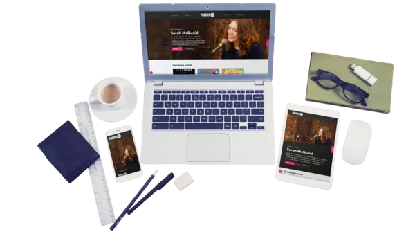 The Phoenix Arts website shown on a MacBook, an iPad and an iPhone.