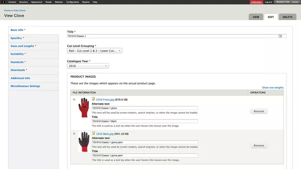 A view of the Drupal content management system for adding a glove to the Traffi website.