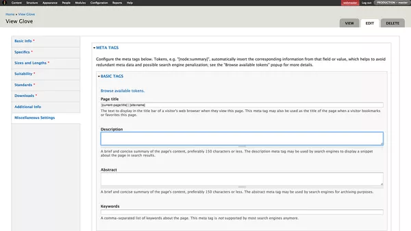 A view of the Drupal content management system for adding meta tags to a page on the Traffi website.