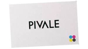 The Pivale logo shown on a business card along with a CMYK icon.