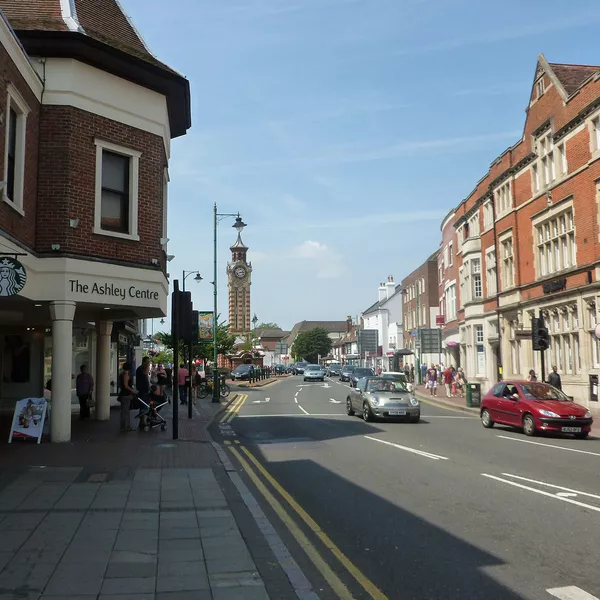 Epsom High street with the Ashley Centre and Epsom Clock Tower.