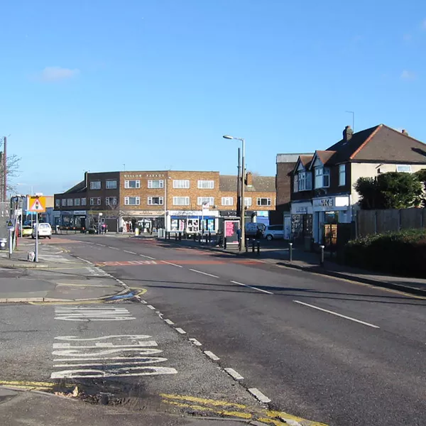 Willow Parade and shops on Front Lane, in Cranham, Havering.