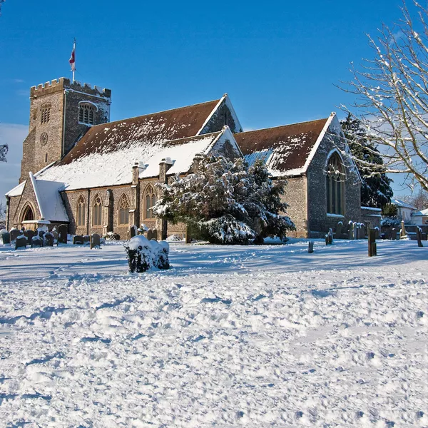 Church of England parish church of St Mary in Thatcham during a heavy snowfall.