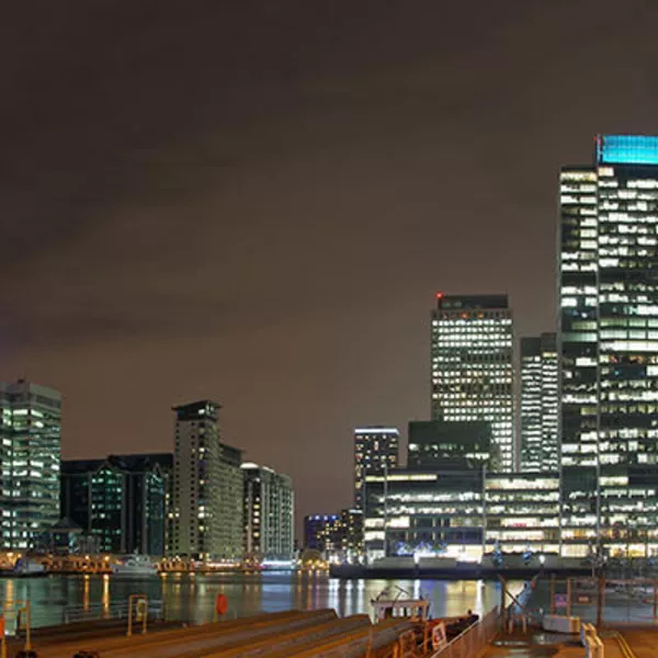Panorama over the City Canal and Canary Wharf from near Wood Wharf.